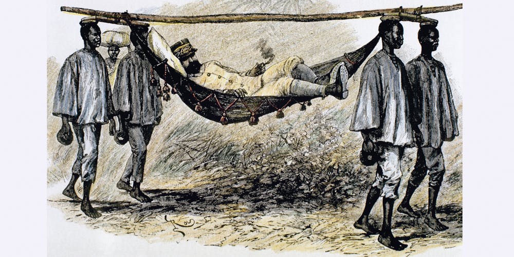 19th century, European colonizer carried in a hammock by four African porters,. This is the History of Africa, Colonialism,