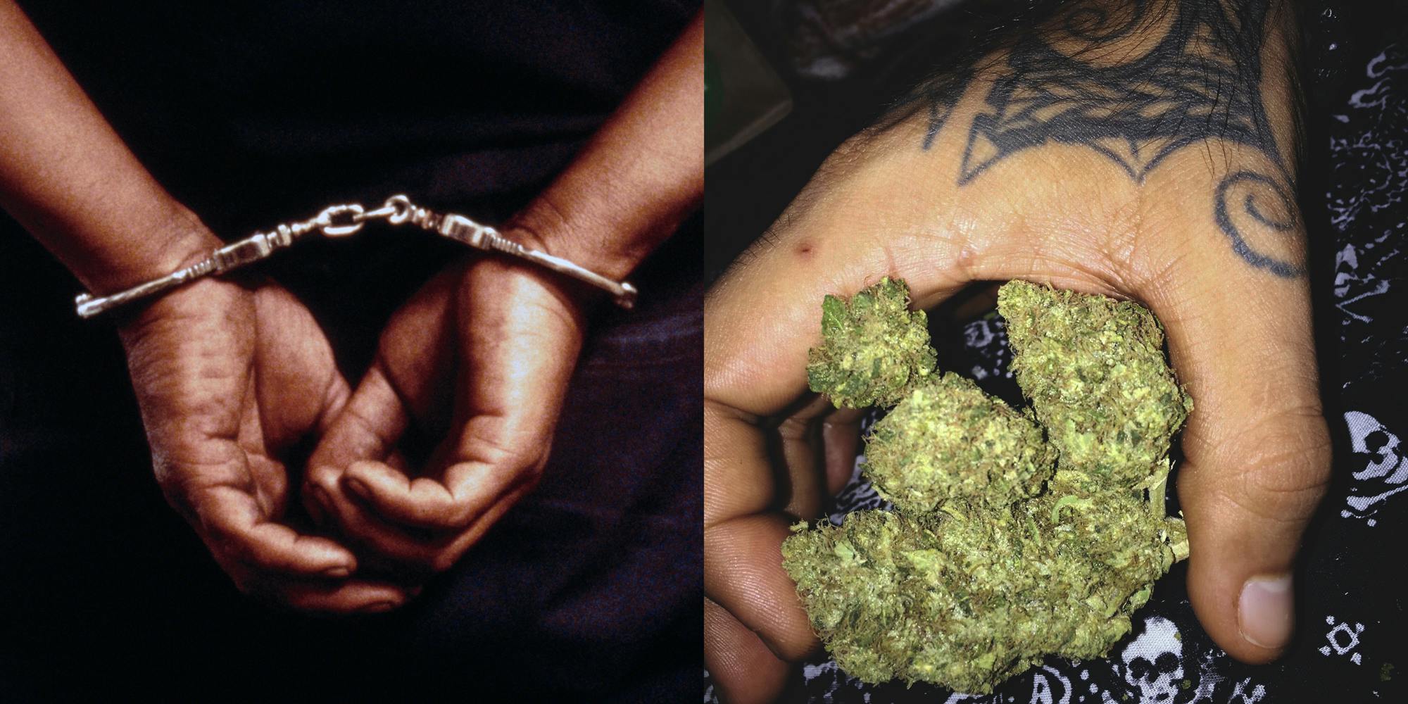 Tattooed Hand of schizophrenic murderer Holding Marijuana At Home