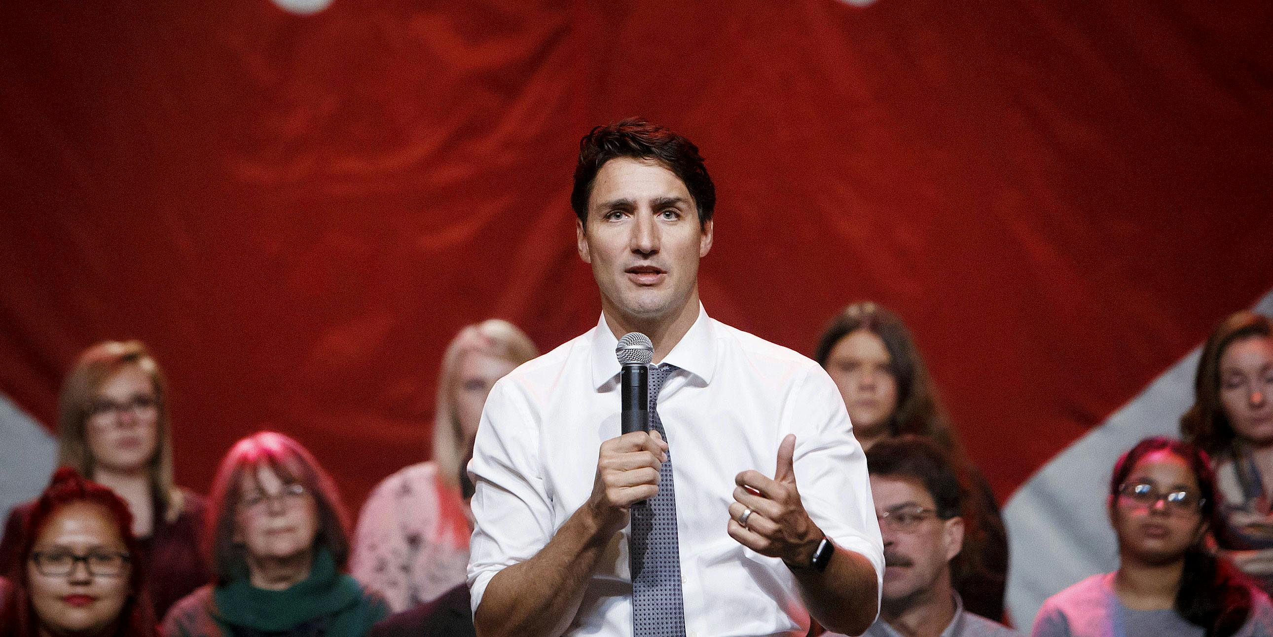ustin Trudeau, Canada's prime minister, speaks during a town hall event in Belleville, Ontario about legalizing cannabis in canada