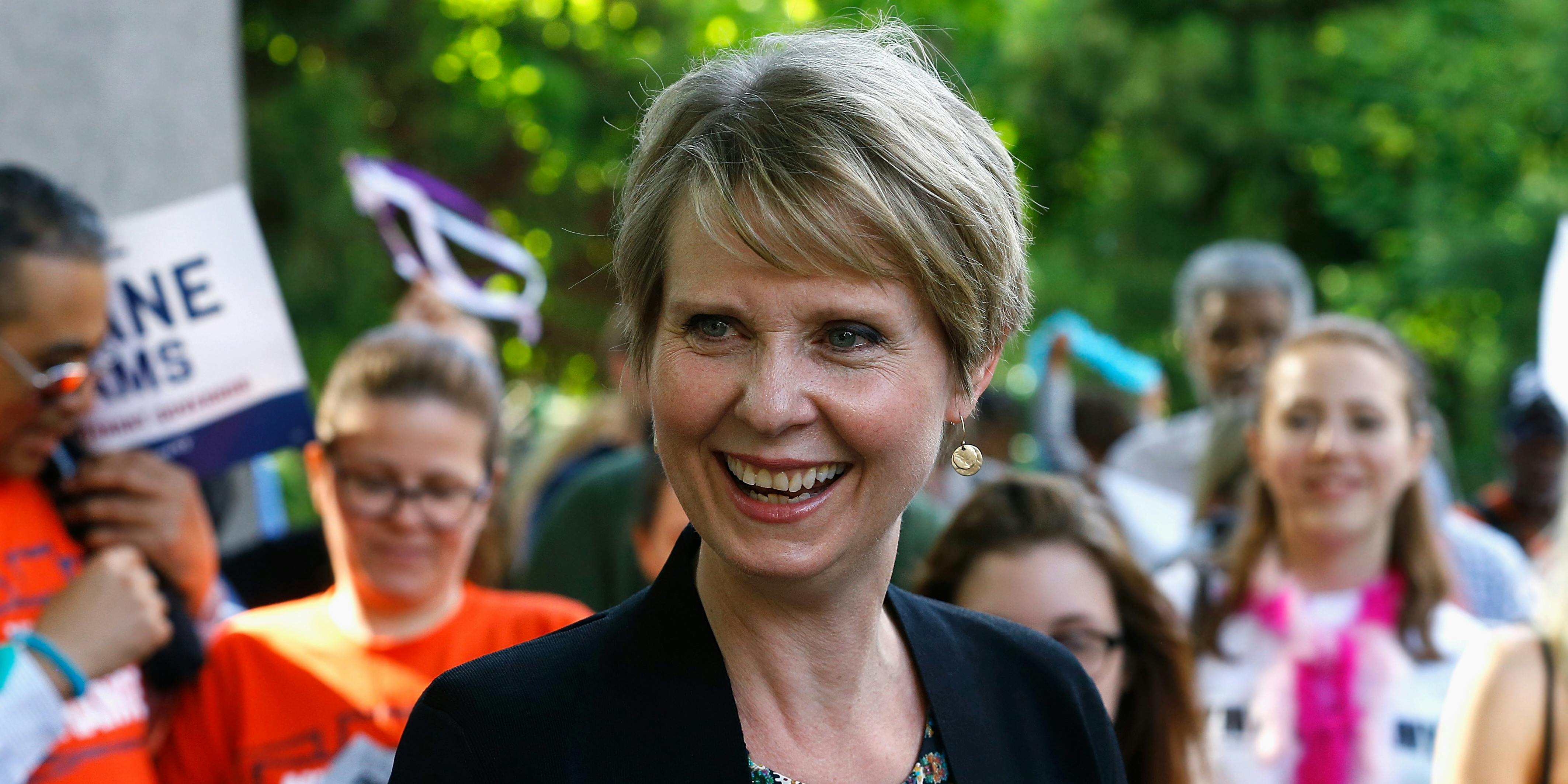 NEW YORK, NY - JUNE 05: Cynthia Nixon greets New Yorkers during the petitioning parade for New York State Governor at Union Square Park on June 5, 2018 in New York City. (Photo by John Lamparski/Getty Images)