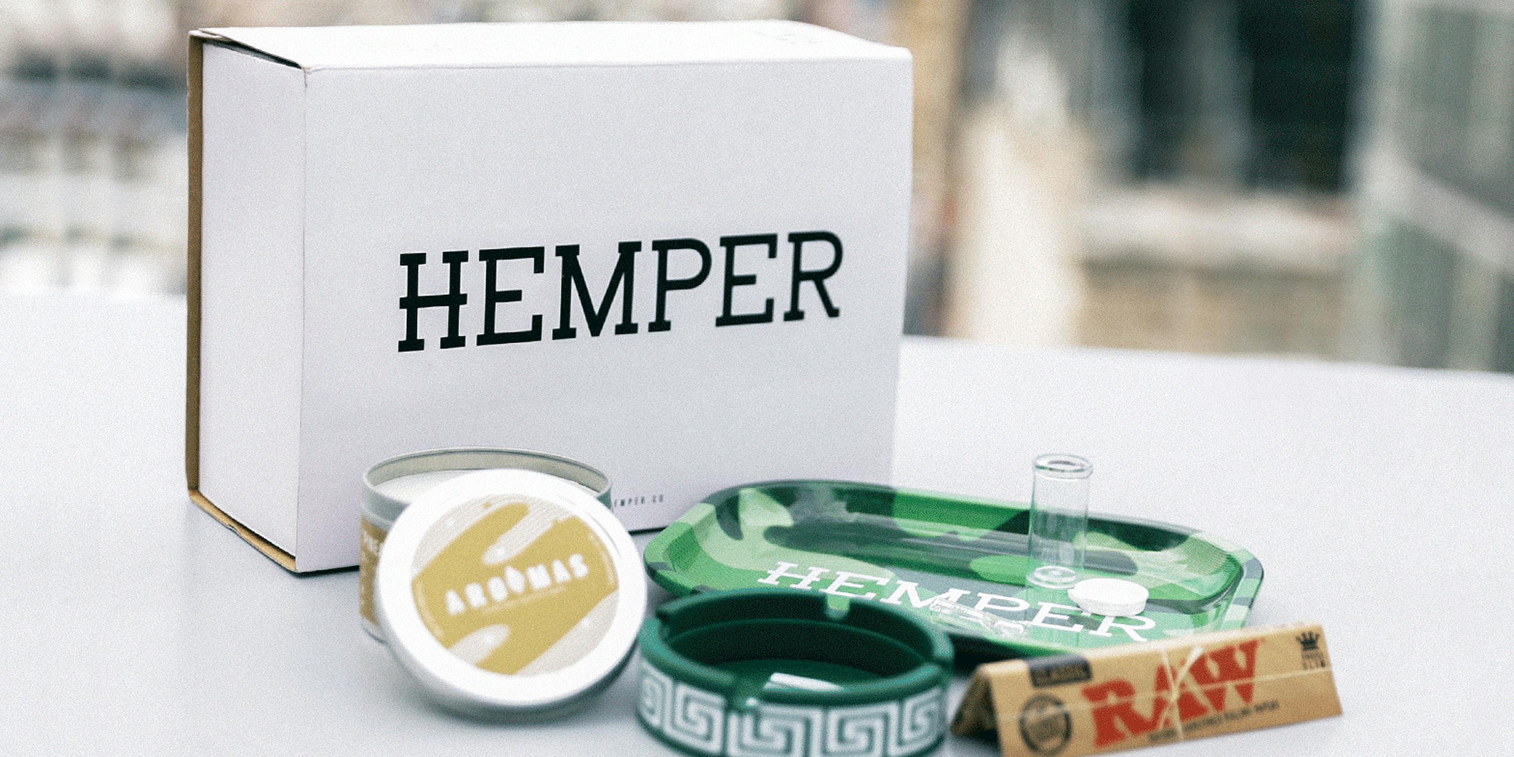 A photo of the contents of Hemper, a subscription box for weed products