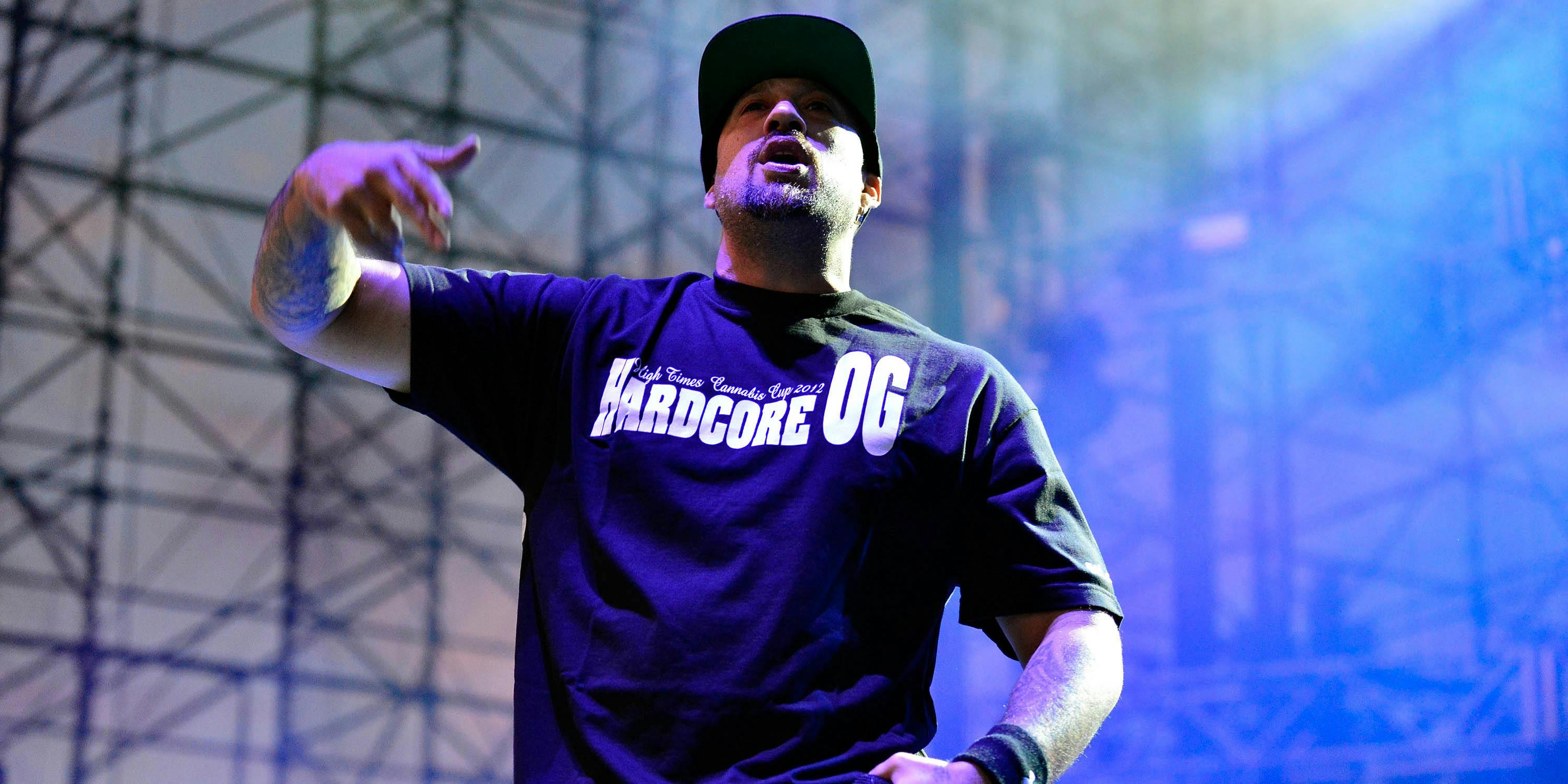 IRVINE, CA - AUGUST 02: B-Real of Cypress Hill performs on the 2013 Unity Tour at Verizon Wireless Amphitheater on August 2, 2013 in Irvine, California. B-Real recently opened a dispensary in Los Angeles called Dr. Greenthumb’s. (Photo by Jerod Harris/WireImage via Getty Images)