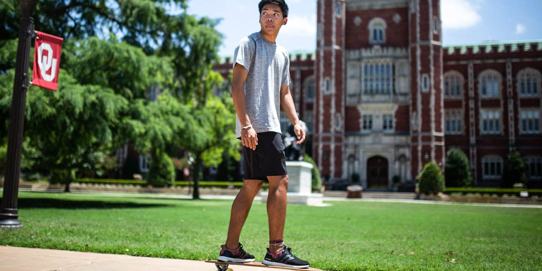 Oklahoma's Biggest Universities Ban Medical Marijuana Use. Here , a student is shown skateboarding on campus at the University of Oklahoma.
