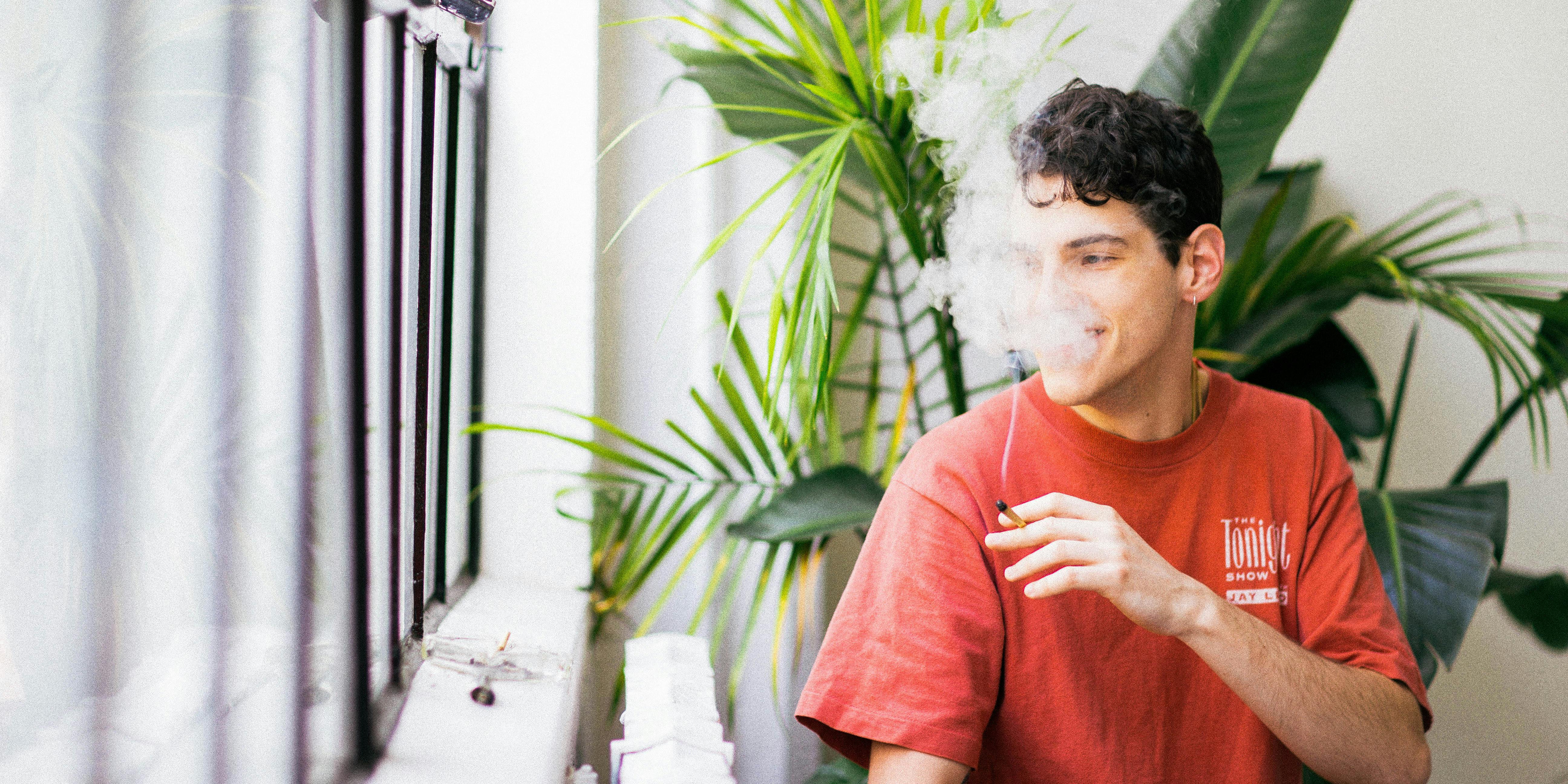 A young man smokes weed by a window. Not only is weed a better way to relax, but a new report reveals that cannabis is more energy efficient than beer.