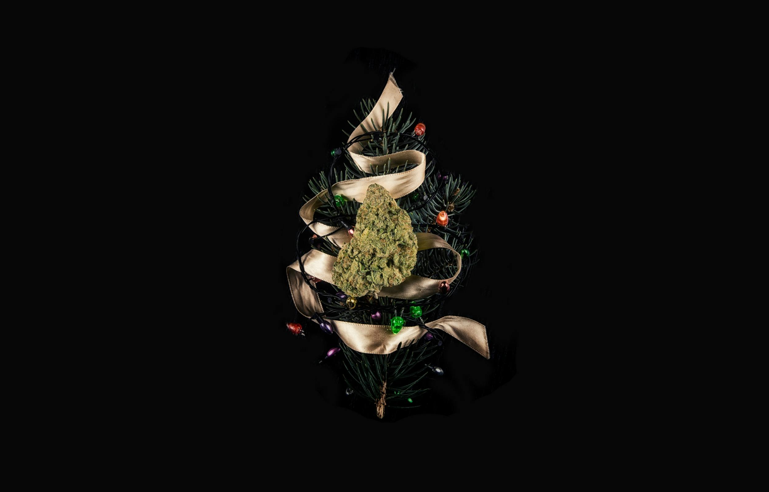 A weed nug wrapped in holiday ribbon to look like a Christmas tree for Herb's Holiday Gift Guide