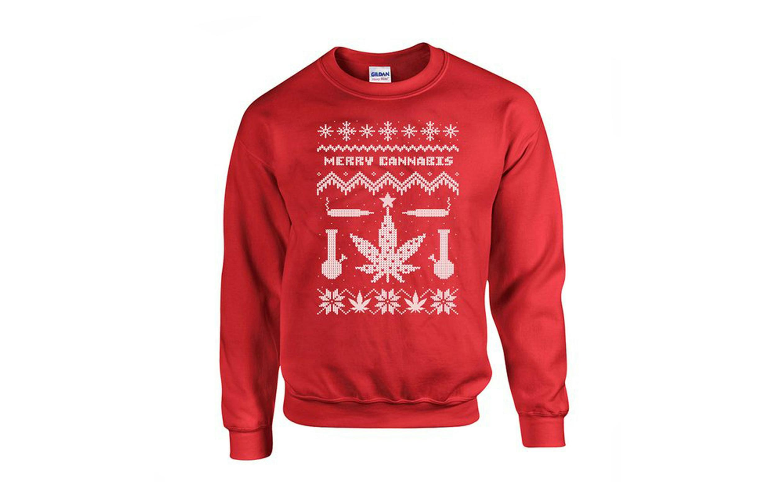 A weed Christmas sweater is perfect for ugly Christmas sweater parties