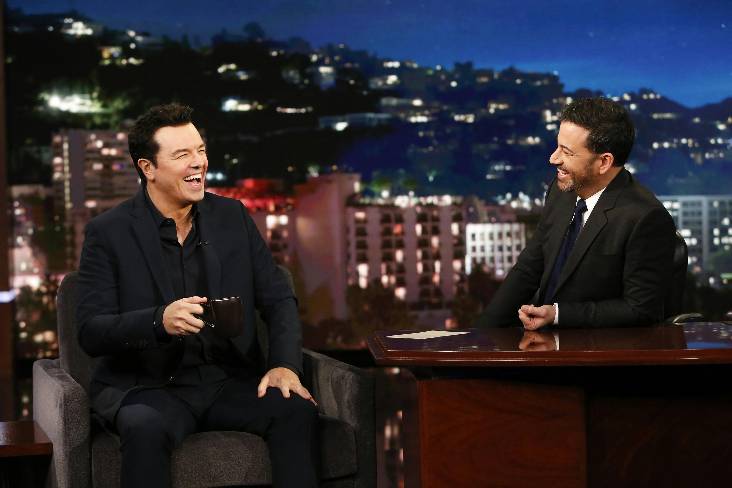 Seth MacFarlane admits to Jimmy Kimmel that he didn't smoke weed until he was almost 30.